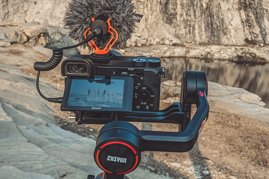 A camera with a microphone attached to it.