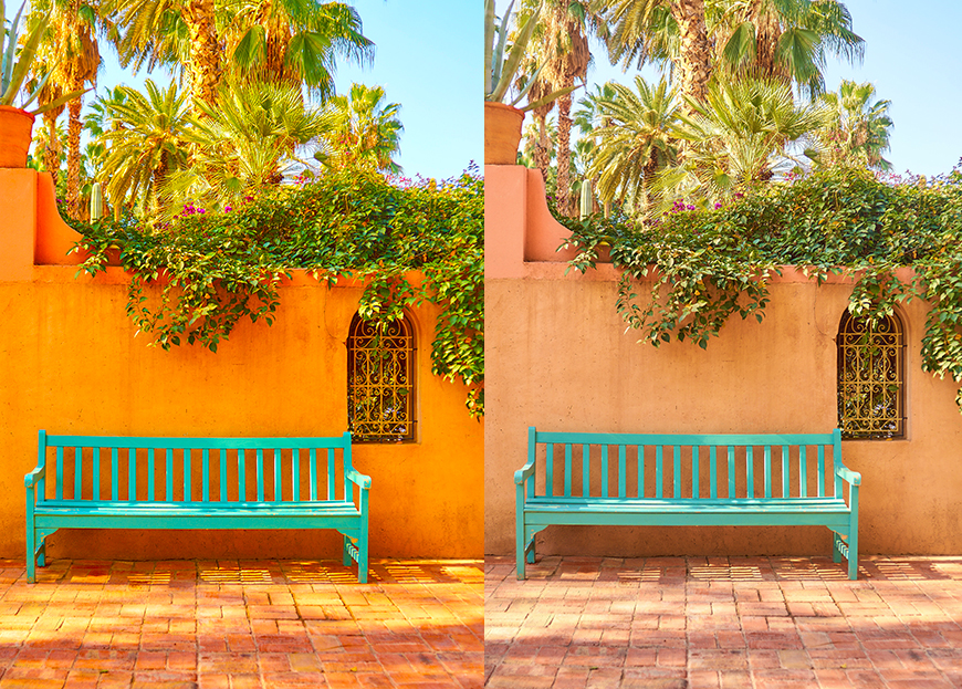 Two pictures of a bench in front of a brick wall.