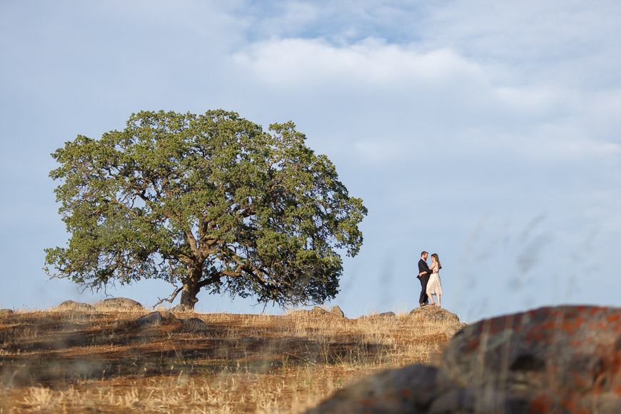 A couple standing on top of a hill next to a tree.