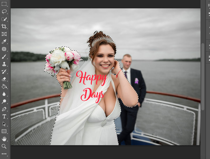 A bride and groom on a boat with the text happy day.