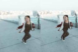 Two pictures of a girl running on a sidewalk.