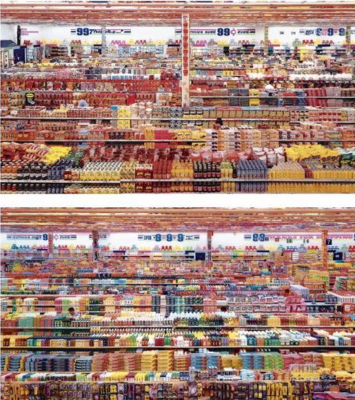 Two pictures of a supermarket with many different kinds of food.