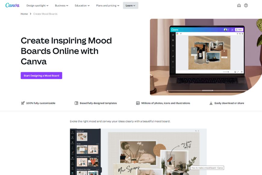 A screen shot of a website with the words create inspiring mood boards online with canvas.