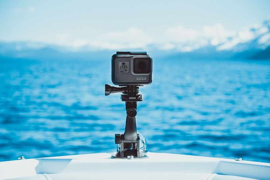 A GoPro camera on the back of a boat.
