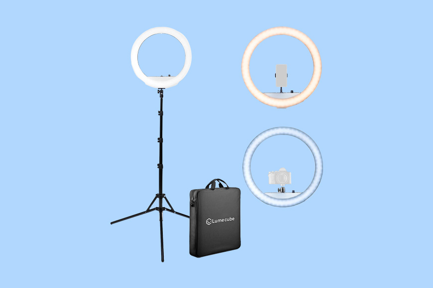 A ring light with a tripod and a bag.