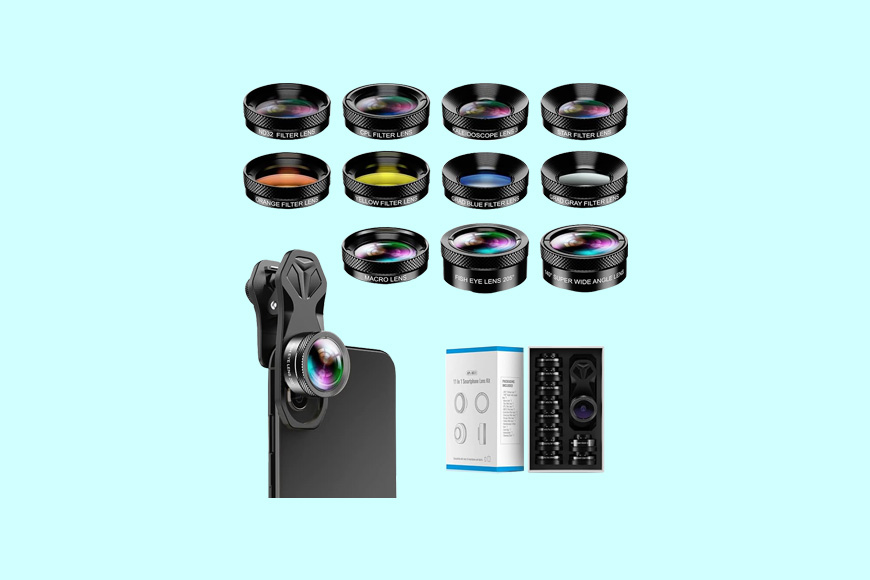 A set of camera lenses and remotes on a white background.