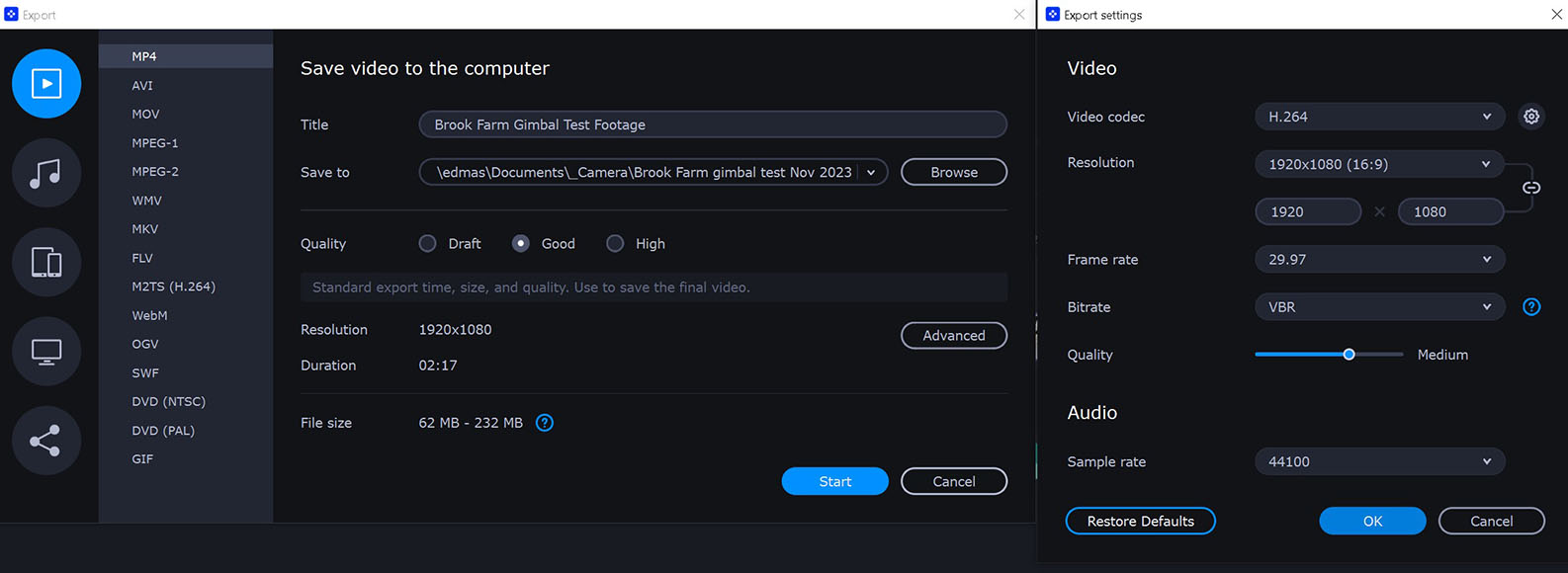 A screen shot of the export settings for Movavi video editor