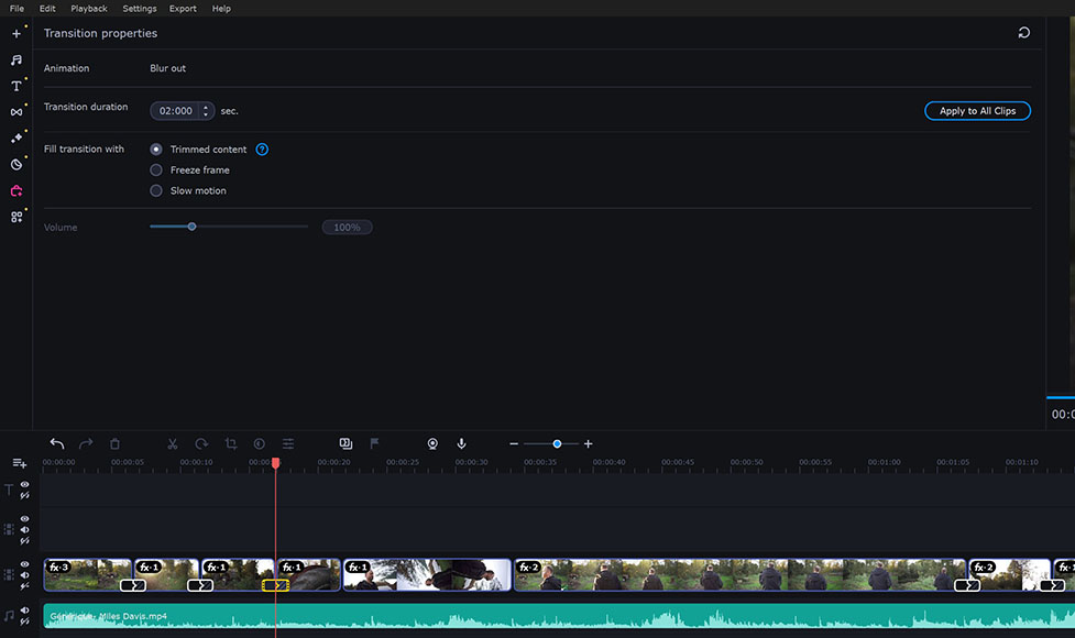 A screenshot of transition editing tools in Movavi
