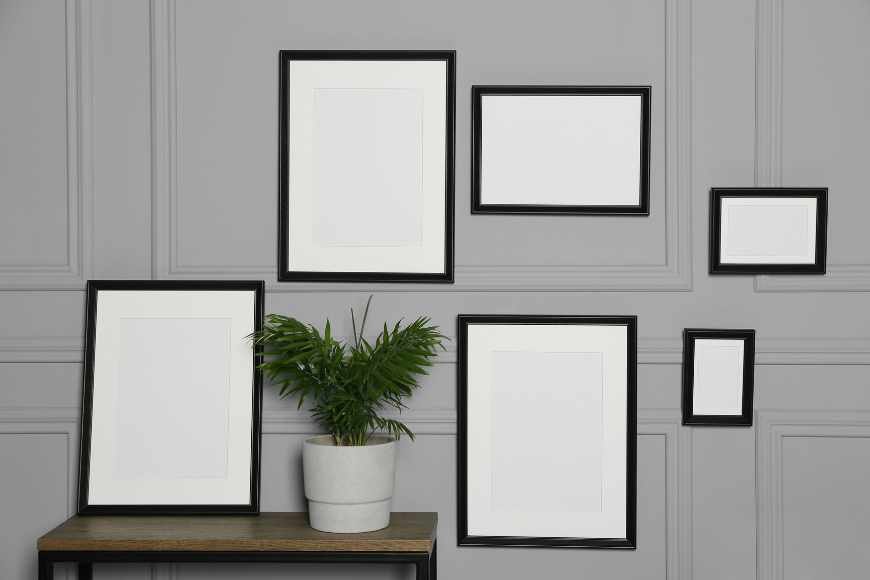 Four black picture frames on a gray wall with a potted plant.