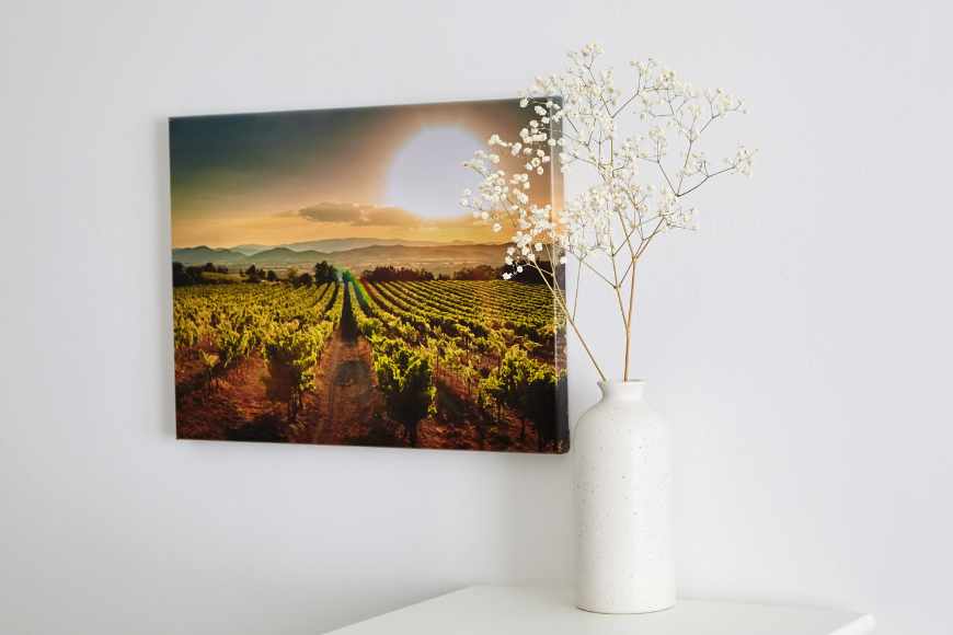 A canvas print of a vineyard scene hanging on a wall.