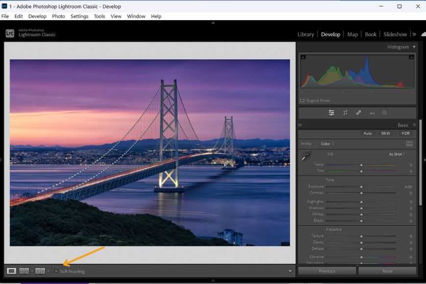 A photo of a bridge in lightroom with an arrow pointing to it.