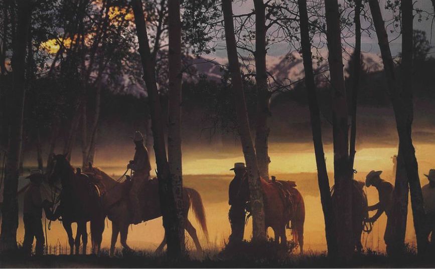 A painting of a group of cowboys in the woods.