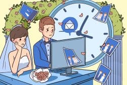 An illustration of a bride and groom looking at a clock.