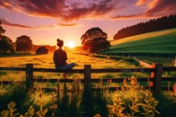 A woman sitting on a fence in a field at sunset.