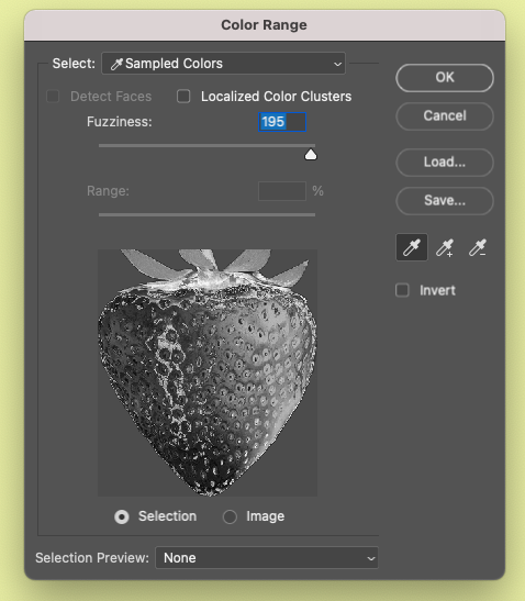 A photo of a strawberry in adobe photoshop.
