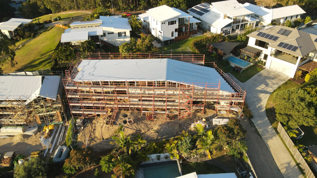 An aerial view of a house under construction.