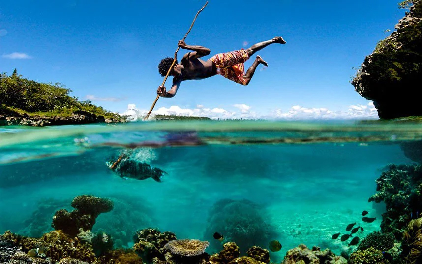 A man is diving into the ocean with a stick.