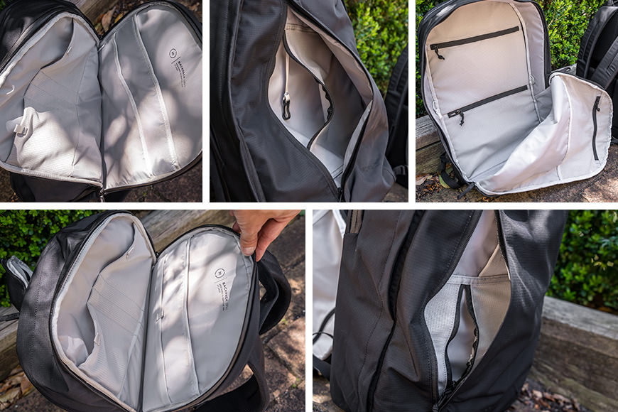 A series of photos showing the inside of a backpack.
