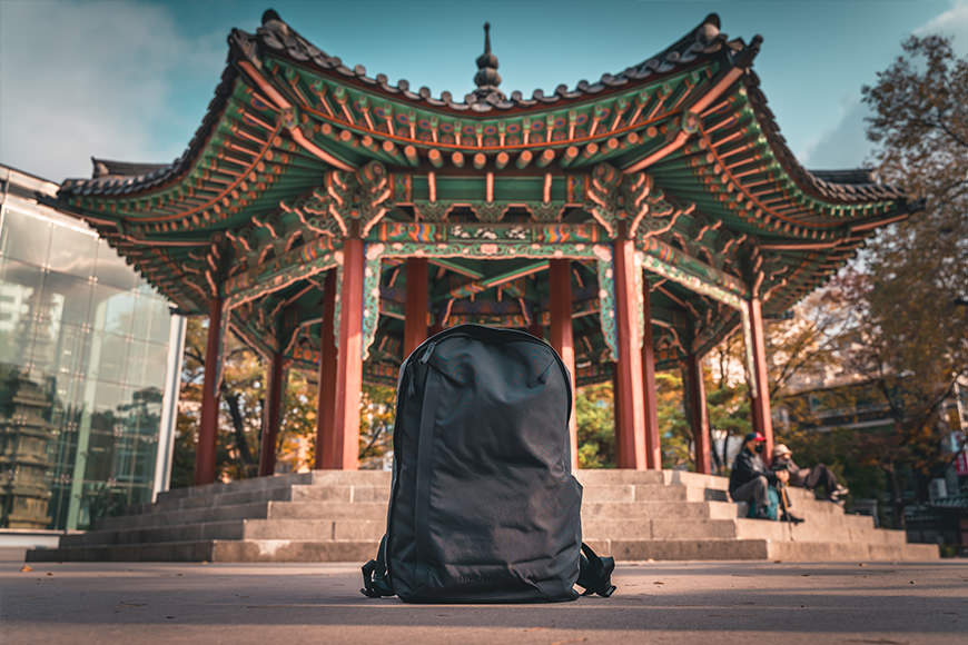 A black backpack in front of a pagoda.