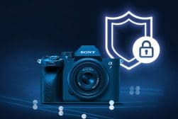 A sony camera with a shield in front of it.
