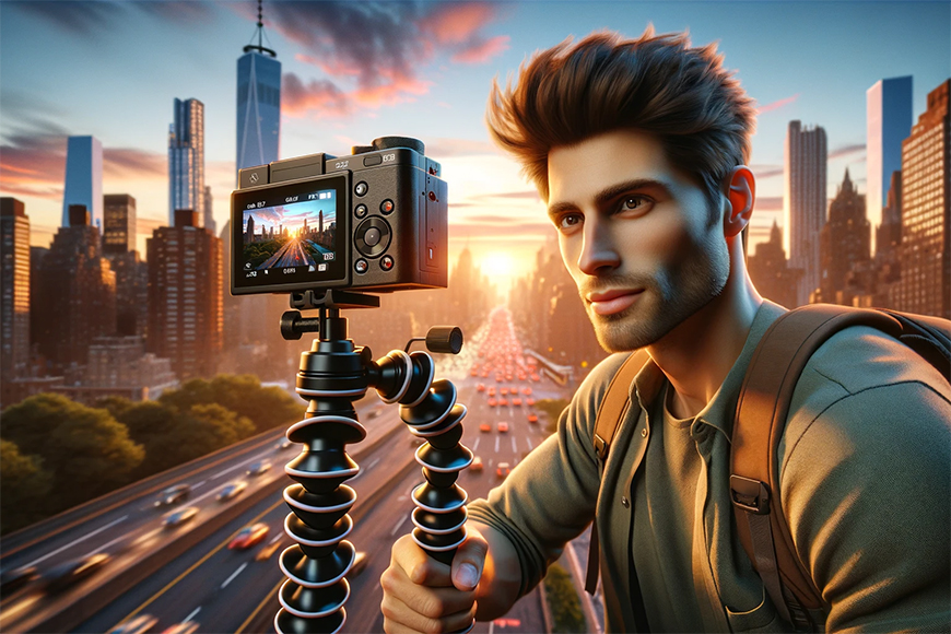 A man holding a camera in front of a city.
