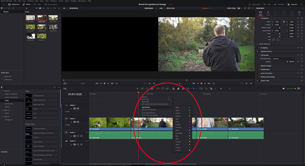 A screenshot of DaVinci Resolve video editor showing the add marker feature