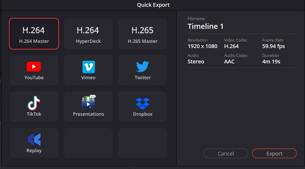 A screenshot of Quick Export settings in DaVinci Resolve