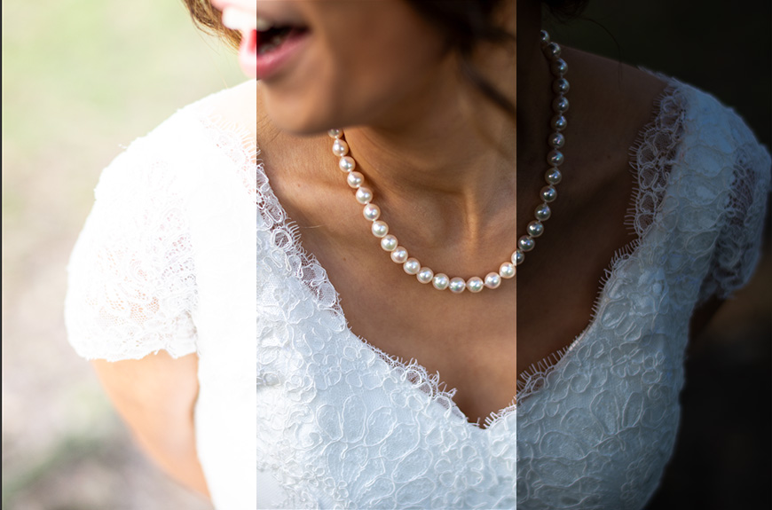 A bride in a white dress with a pearl necklace.