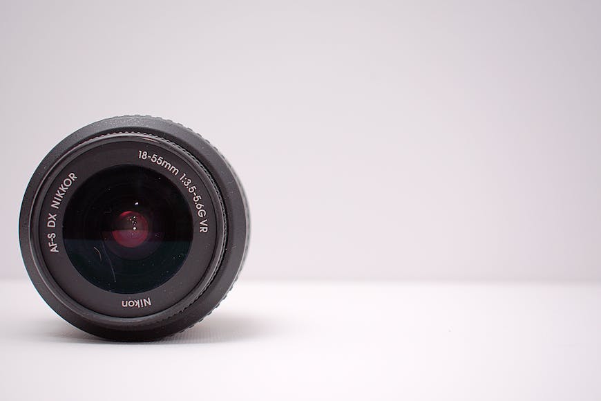 A camera lens on a white background.