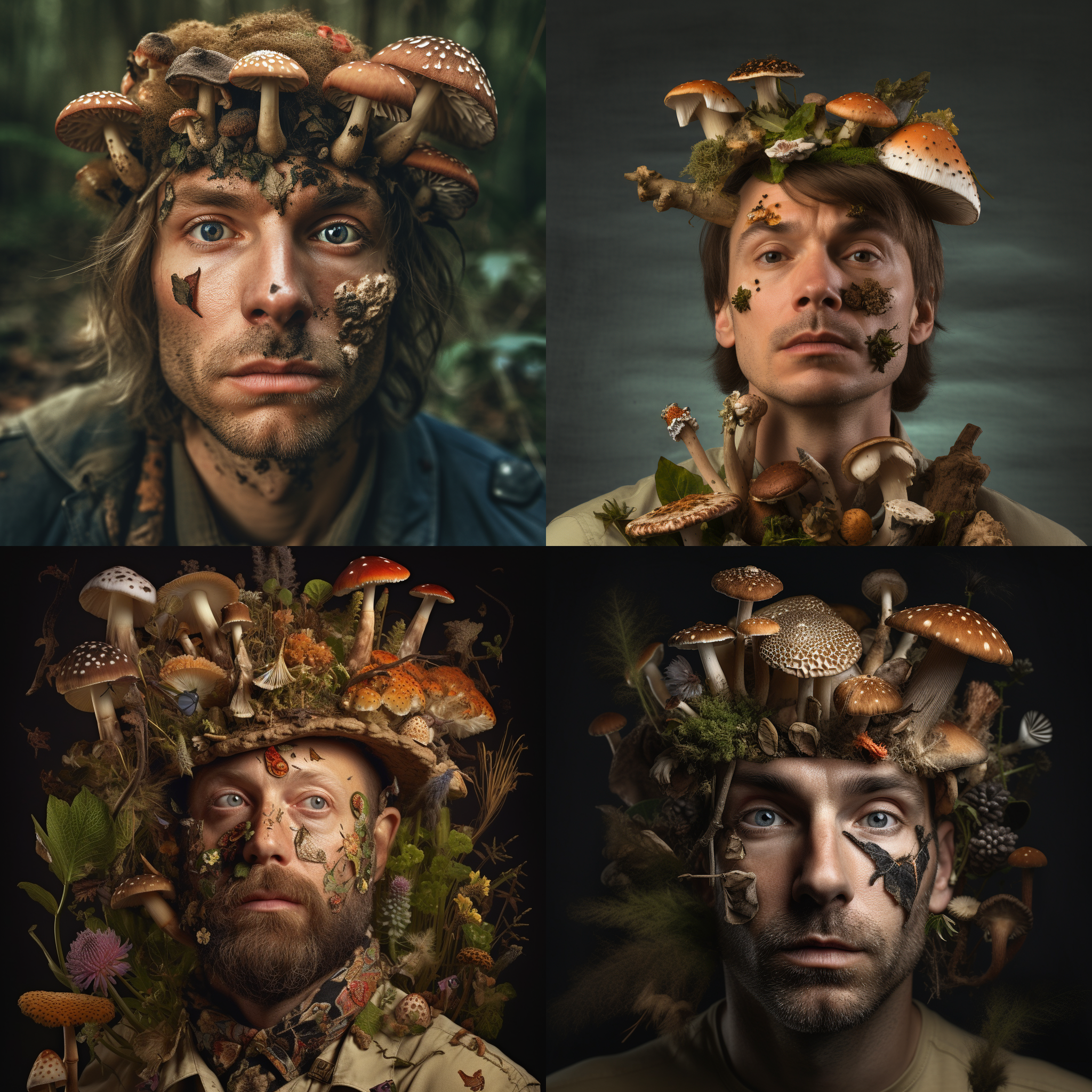 Four pictures of men with mushrooms on their heads.