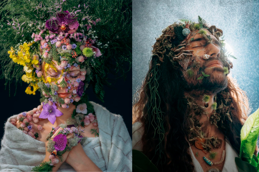 A man with flowers on his head and a woman with flowers on her head.