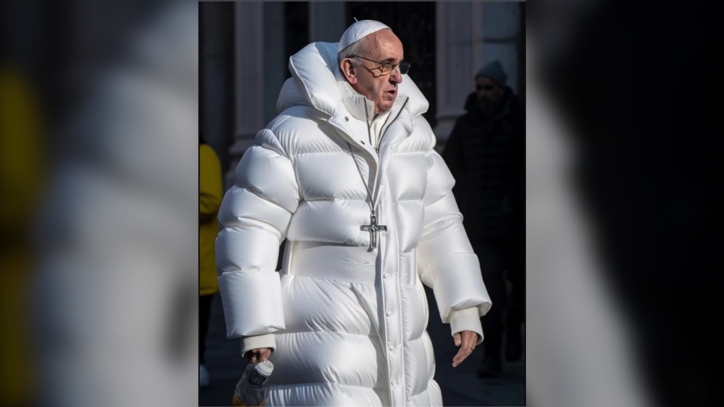 Pope francis wears a white puffer coat.