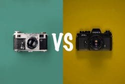 Two cameras side by side on a yellow and green background.