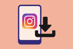 A smartphone screen displays the Instagram logo, with a large black download icon in front, on a pink background.