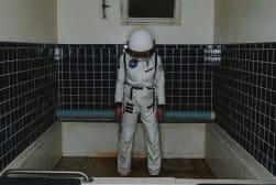 A person in an astronaut suit standing in a bathroom.