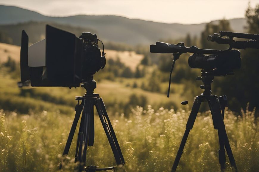 Two camera tripods in a field with mountains in the background.