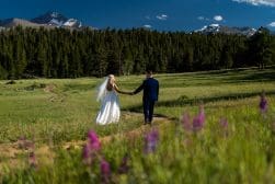 A bride and groom walking through a meadow with mountains in the background.