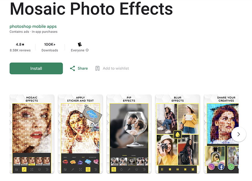 Mosaic photo effects screenshot.