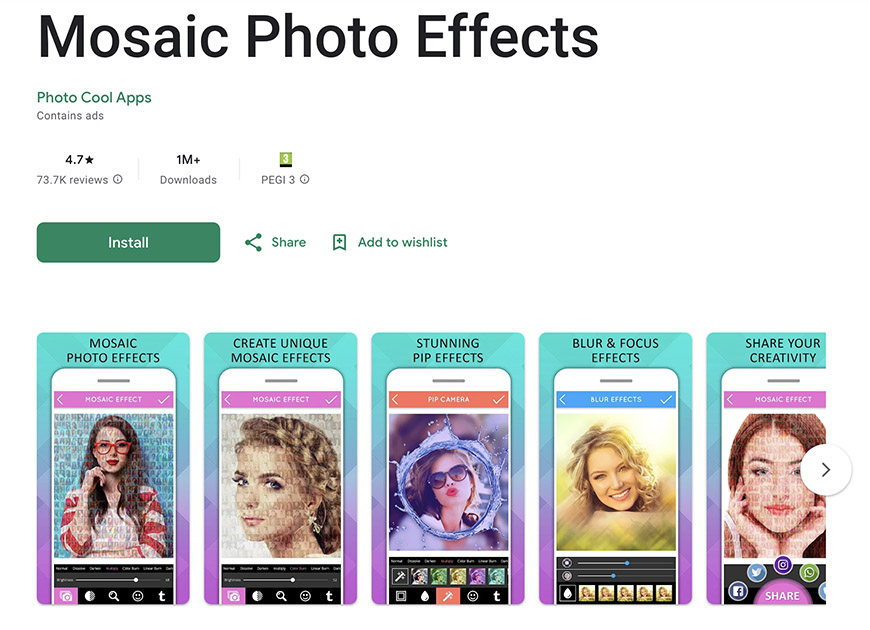 Mosaic photo effects app screenshot.