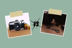 Two pictures of a camera and a memory card.