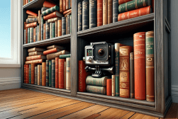 A bookcase full of books with a GoPro camera hidden in the middle.