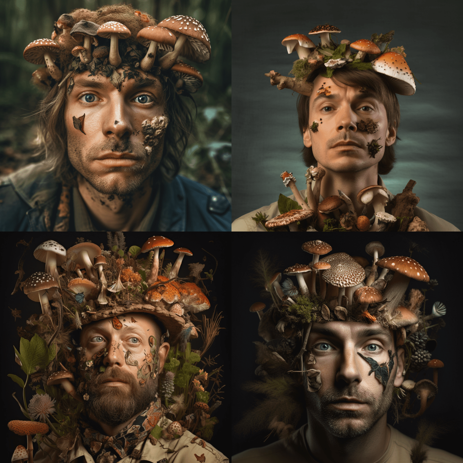 A collage of a man with mushrooms on his head.