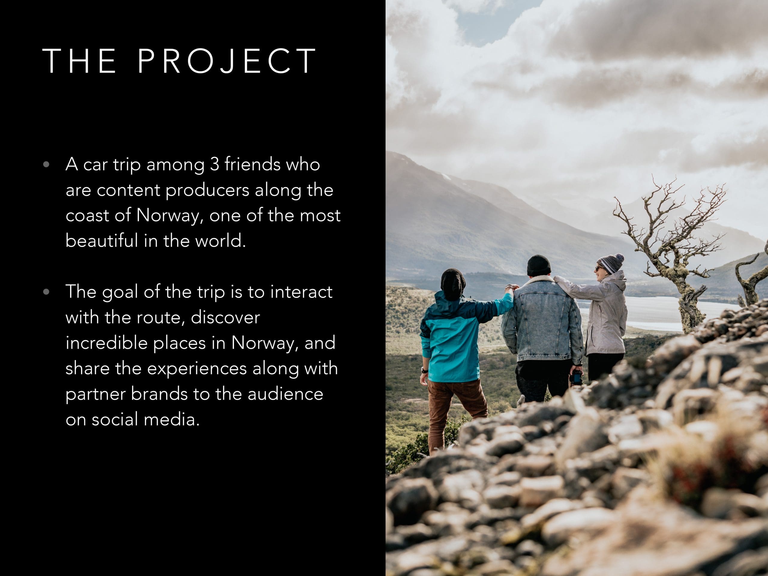 A group of people standing in front of a mountain with the text the project.