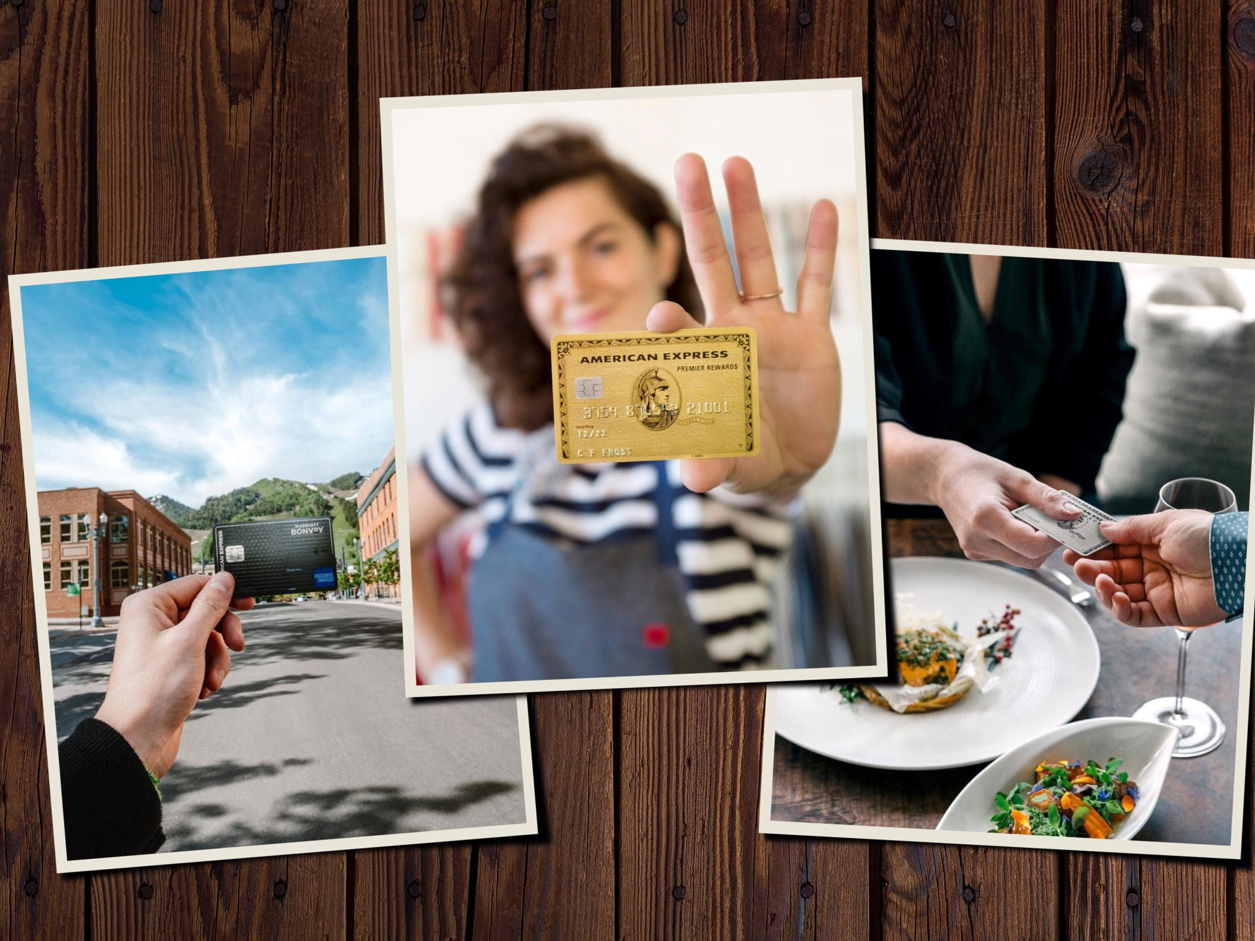 Four pictures of a woman holding a credit card.