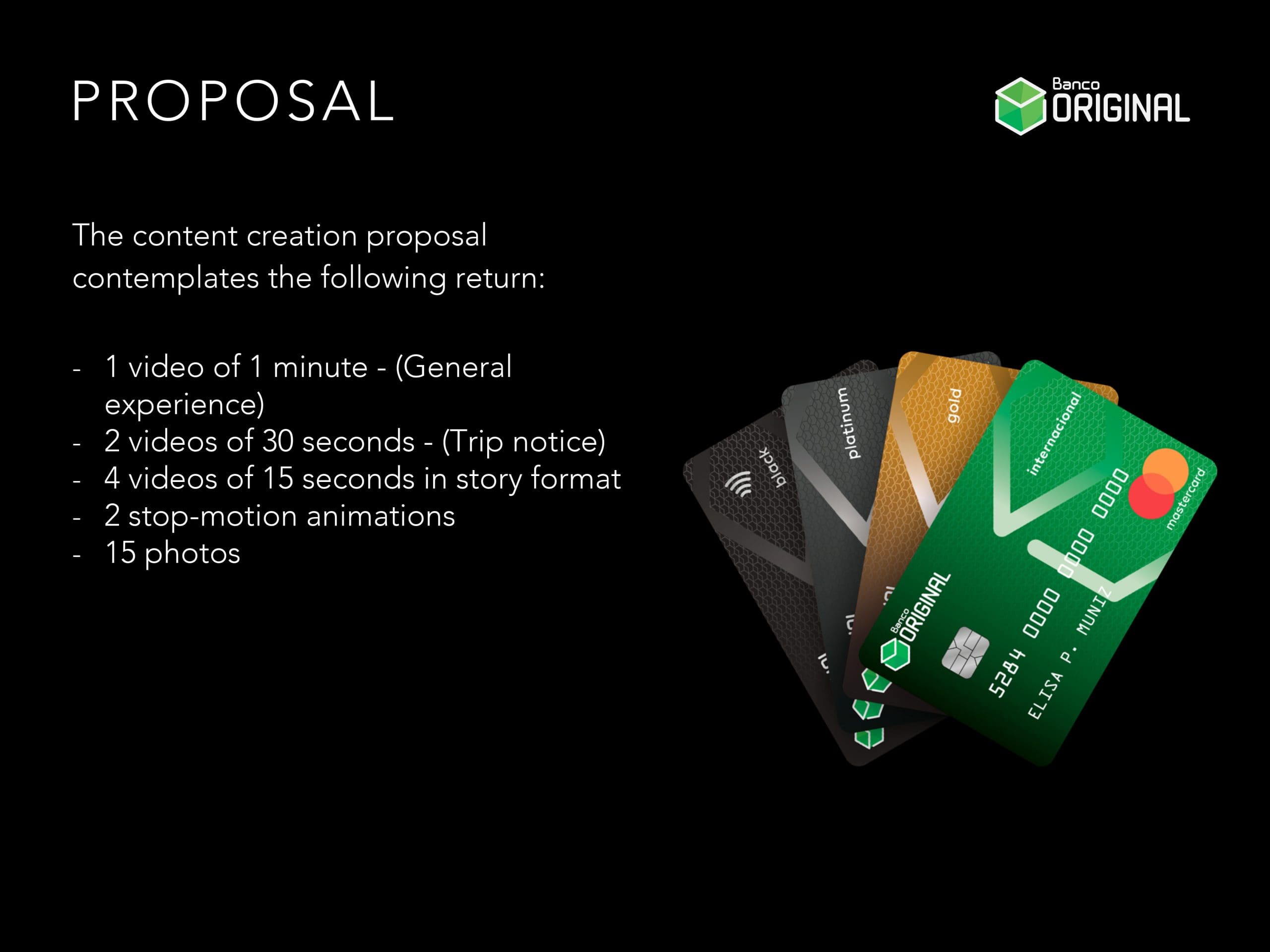 A credit card with the words proposal on it.