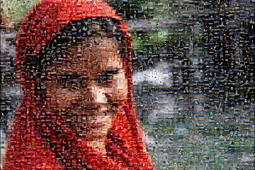 A woman wearing a red scarf is smiling in a mosaic.