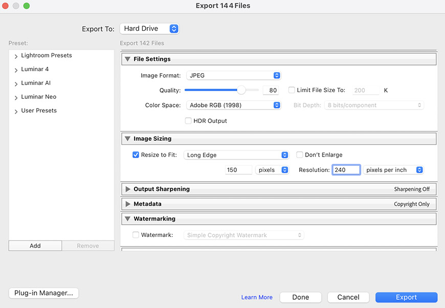 A screenshot of the export settings in mac os x.