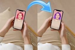 A woman is holding a phone with two pictures of her face on it.