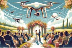 A painting of a wedding ceremony with a drone flying above.