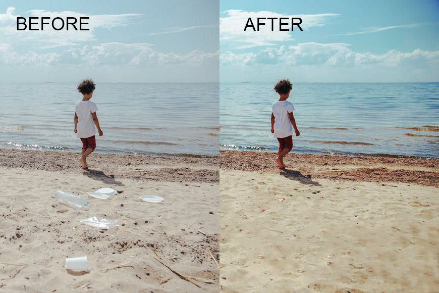 Two pictures of a boy walking on the beach.